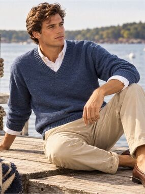 Vintage L.L.Bean 100% Cotton V-Neck Sweater Men’s L Blue Classic Heritage Prep